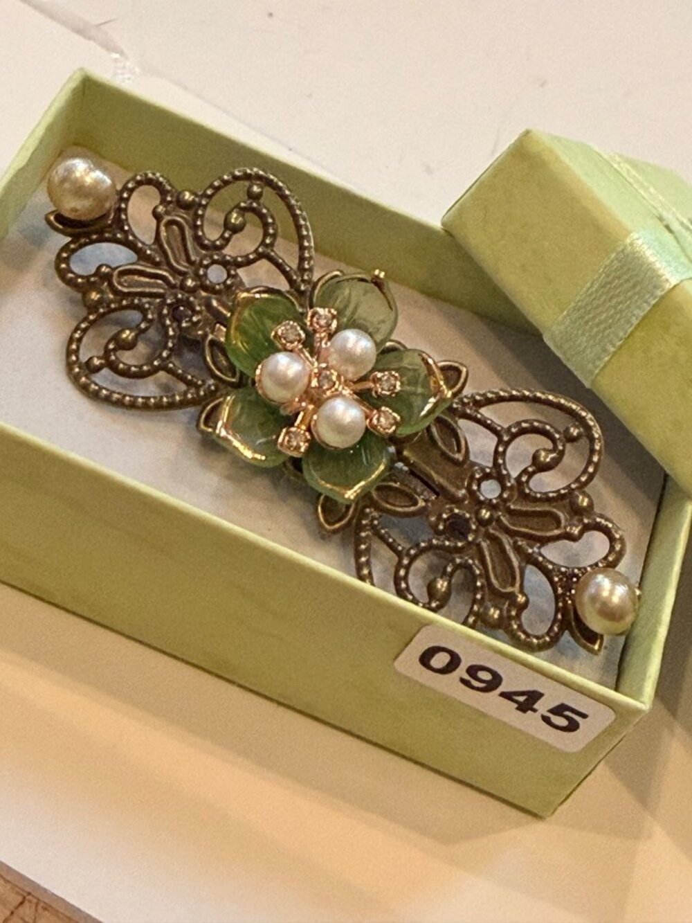 Vintage inspired bronze brooch filagree  With Green Enamel Flower Pearls & Rhine